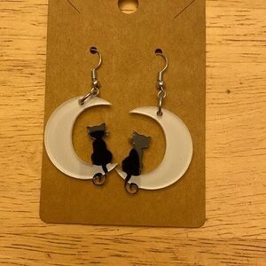 White Crescent Moon Cat Earrings